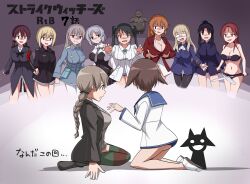 Rule 34 | 6+girls, black hair, blonde hair, blue jacket, bra, braid, breast expansion, breasts, brown hair, charlotte e. yeager, cleavage, corruption, doguu, dress, eila ilmatar juutilainen, emu 1316, erica hartmann, francesca lucchini, gertrud barkhorn, glasses, green jacket, hattori shizuka, highres, jacket, kneeling, large breasts, looking at another, lynette bishop, military, military uniform, minna-dietlinde wilcke, miyafuji yoshika, multiple girls, necktie, no pants, one-piece swimsuit, orange hair, panties, perrine h. clostermann, possessed, red hair, red jacket, sailor dress, sanya v. litvyak, scissors, short hair, simple background, standing, statue, strike witches, striped clothes, sweater vest, swimsuit, twintails, underwear, white hair, world witches series