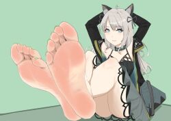 1girl absurdres animal_ears arknights arms_behind_head barefoot blue_eyes feet grey_hair highres light_blush long_hair looking_at_viewer mint_(arknights) soles toes yagneste