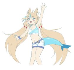 Rule 34 | 1girl, ahoge, animal ear fluff, animal ears, bikini, blonde hair, blue bikini, blue eyes, blue hair, blush, breasts, fallenmelodia, fins, fish girl, fish tail, hair ornament, indie virtual youtuber, long hair, looking at viewer, low twintails, multicolored hair, sameko saba, short shorts, shorts, small breasts, solo, stomach, streaked hair, swimsuit, tail, twintails, very long hair, virtual youtuber, waving, white shorts