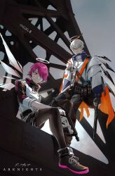 1boy 1girl absurdres arknights black_pantyhose coat copyright_name detached_wings executor_(arknights) exusiai_(arknights) gun hair_over_one_eye halo highres holding holding_gun holding_weapon oaza orange_eyes pantyhose shoes short_hair sitting sneakers traditional_halo weapon white_coat wings