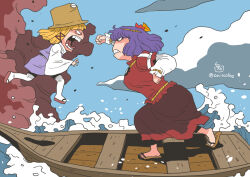 Rule 34 | 2girls, angry, blank eyes, blonde hair, blue sky, boat, breasts, brown hat, brown sandals, brown skirt, cloud, commentary request, day, fighting, full body, godzilla (series), godzilla vs. kong, hair ribbon, hat, jumping, king kong (series), large breasts, layered sleeves, long sleeves, looking at viewer, monsterverse, moriya suwako, multiple girls, onikobe rin, open mouth, outdoors, parody, punching, purple hair, purple skirt, purple vest, red ribbon, red shirt, red skirt, ribbon, sandals, shirt, short over long sleeves, short sleeves, skirt, sky, splashing, thighhighs, touhou, two-tone skirt, vest, watercraft, waves, white shirt, white thighhighs, wide sleeves, yasaka kanako, zouri