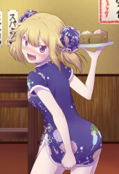 1girl angry steamed_bun blonde_hair china_dress chinese_clothes clothes_pull double_bun dress dress_pull fang food hair_bun highres indoors looking_back lower_teeth_only magia_record:_mahou_shoujo_madoka_magica_gaiden mahou_shoujo_madoka_magica mitsuki_felicia open_mouth purple_dress purple_eyes restaurant short_hair short_sleeves solo teeth touyu_(yuruyuruto)