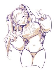 1girl af60489 closed_eyes double_v highres navel one_piece open_mouth simple_background smile solo standing stomach thighs v vegapunk_york