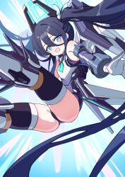 1girl absurdres aris_(blue_archive) aris_(mecha_suit)_(blue_archive) armor bare_shoulders black_hair blue_archive blue_eyes blue_halo blue_necktie commentary_request hair_between_eyes halo highres leotard long_bangs long_hair long_hair_between_eyes looking_at_viewer mecha_pilot_suit meng_yin_(1527812425) necktie official_alternate_costume official_alternate_hairstyle open_mouth solo twintails