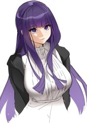 1girl breasts closed_mouth dress fern_(sousou_no_frieren) highres large_breasts long_hair long_sleeves purple_eyes purple_hair serpent_(pepepp39) simple_background solo sousou_no_frieren white_dress