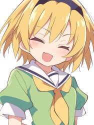 Rule 34 | 1girl, black hairband, blonde hair, closed eyes, dress, facing viewer, fang, green dress, hairband, highres, higurashi no naku koro ni, houjou satoko, neckerchief, niyane, open mouth, sailor collar, sailor dress, short hair, short sleeves, simple background, skin fang, smile, solo, upper body, white background, white sailor collar, yellow neckerchief