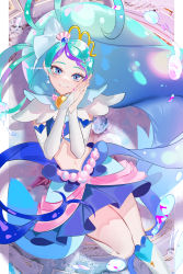1girl absurdres blue_eyes blue_hair blue_skirt bridal_gauntlets bubble commentary cure_mermaid earrings elbow_gloves gloves go!_princess_precure high_ponytail highres jewelry kaidou_minami looking_at_viewer magical_girl midriff nani_(s2_nani) ponytail precure purple_hair shell shell_earrings shell_hair_ornament skirt smile solo white_gloves