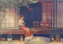 1girl architecture brown_eyes brown_hair building chair collared_shirt commentary_request east_asian_architecture flower_pot from_outside harucoro25 highres holding holding_notebook holding_pen light_smile long_hair long_skirt looking_to_the_side notebook original pen plant potted_plant red_skirt shirt shouji sitting skirt sliding_doors socks table teapot tree white_shirt wide_shot writing