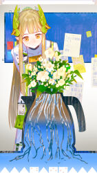 1girl absurdres arknights black_choker blonde_hair choker closed_mouth coat collarbone commentary elf english_commentary flower highres lab_coat leaning leaning_forward long_hair looking_down lyuqiu mole mole_under_eye muelsyse_(arknights) open_clothes open_coat paper plant plant_roots pointy_ears rhine_lab_logo sidelocks smile solo surreal white_coat yellow_eyes yellow_flower