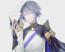 1boy chinese_clothes closed_mouth commentary_request fate/grand_order fate_(series) gigigimimi gloves grey_background grey_hair hair_between_eyes holding holding_mask horned_mask jewelry long_sleeves looking_at_viewer male_focus mask prince_of_lan_ling_(fate) purple_eyes short_hair simple_background smile solo tassel three_quarter_view upper_body