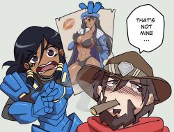 1boy 1girl aged_down alternate_costume ana_(overwatch) armor beard beret bikini bikini_under_clothes black_bikini black_gloves black_hair blush breasts brown_eyes captain_amari cassidy_(overwatch) caught cigar cleavage coat commentary cowboy_hat dark-skinned_female dark_skin english_commentary english_text eye_of_horus facial_hair facial_tattoo gloves hat highres large_breasts lipstick_mark long_coat long_hair mother_and_daughter navel nisego open_clothes open_coat overwatch overwatch_(logo) overwatch_1 pharah_(overwatch) photo_(object) pinup_(style) power_armor smoking swimsuit swimsuit_under_clothes tattoo thighs undressing