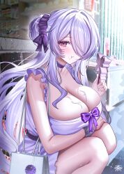Rule 34 | 1girl, alternate costume, arm under breasts, azur lane, bag, blush, bow, breasts, chewing, choker, cleavage, commentary request, crumbs, dress, food, frills, hair over one eye, highres, holding, holding food, holding popsicle, huge breasts, long hair, outdoors, pink eyes, popsicle, purple bow, purple choker, purple dress, purple hair, purple scrunchie, scrunchie, shopping bag, solo, squatting, tansuan (ensj3875), unzen (azur lane), very long hair, wrist scrunchie