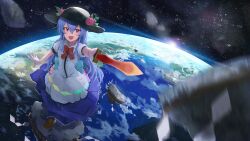 Rule 34 | 1girl, absurdres, black hat, blue hair, bow, bowtie, cross-laced footwear, earth (planet), food, fruit, hat, highres, hinanawi tenshi, holding, holding sword, holding weapon, kaname-ishi, leaf, level2 sisters, long hair, open mouth, peach, planet, puffy sleeves, red bow, red bowtie, red eyes, rock, rope, short hair, solo, sword, sword of hisou, touhou, touhou danmaku kagura, weapon