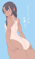 1girl :&gt; ass ass_support back black_hair blue_background blush breasts commentary_request completely_nude dark-skinned_female dark_skin ear_blush from_behind hair_ornament hair_over_shoulder hairclip highres ijiranaide_nagatoro-san legs_together long_hair nagatoro_hayase nude one-piece_tan red_eyes small_breasts solo standing tan tanline thighs translated umino_hotate