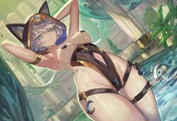 1girl :3 absurdres adapted_costume animal_ears animal_hood armpits arms_behind_head bathhouse belt black_one-piece_swimsuit blue_eyes breasts cat_ears cat_hood cipher_(honkai:_star_rail) clothing_cutout commentary commission english_commentary grey_hair heart heart-shaped_pupils heart_pasties highres honkai:_star_rail honkai_(series) hood large_breasts navel navel_cutout one-piece_swimsuit pasties pool presenting_armpit short_hair solo stone_pillar swimsuit symbol-shaped_pupils thigh_belt thigh_strap thighs trustyskittles