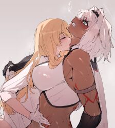 Rule 34 | 2girls, animal ears, armlet, bare shoulders, black gloves, black hairband, blonde hair, blue eyes, blush, body markings, breasts, caenis (fate), caenis (second ascension) (fate), clenched teeth, closed eyes, clothes grab, commentary, dark-skinned female, dark skin, ears down, elbow gloves, fate/grand order, fate (series), from side, genderswap, genderswap (mtf), gloves, grey background, hair between eyes, hair intakes, hairband, halterneck, hand on another&#039;s back, hand on another&#039;s stomach, highres, horse ears, jewelry, kirschtaria wodime, large breasts, licking, licking another&#039;s neck, long hair, looking at another, multiple girls, ponytail, ponytail holder, protected link, sabamori, shirt, shirt grab, simple background, sleeveless, sleeves rolled up, sweat, teeth, tongue, tongue out, twitching, upper body, white gloves, white hair, white shirt, yuri