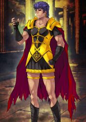 1boy armor black_(artist) black_gloves black_sclera caligula_(fate) cape closed_mouth collarbone colored_sclera dark-skinned_male dark_skin earrings fate/grand_order fate_(series) feet_out_of_frame fingerless_gloves frown gloves gold_earrings gold_thighlet greco-roman_clothes jewelry legs_apart male_focus medium_hair official_art purple_hair red_cape red_eyes revision short_sleeves shoulder_armor solo spiked_hair standing thighlet third-party_source toned toned_male torn_cape torn_clothes v-shaped_eyebrows variant_set