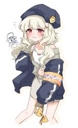 1girl aoba_(blue_archive) armband blonde_hair blue_archive blush camisole green_shirt hair_ornament hairclip hat jacket long_hair looking_at_viewer mizuhane_(mizuhane_miu) navel_peek neck_ribbon off_shoulder open_clothes open_jacket partially_unbuttoned peaked_cap red_eyes ribbon shirt solo white_background white_camisole