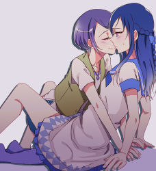 2girls blue_eyes blue_hair blue_sailor_collar blush dokidoki!_precure dress closed_eyes hishikawa_rikka jewelry kenzaki_makoto long_hair multiple_girls negom pantyhose pendant precure purple_hair sailor_collar short_hair short_sleeves smile spade yuri