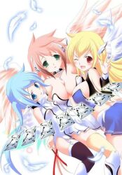 3girls angel_wings astraea_(sora_no_otoshimono) blonde_hair blue_eyes blue_hair blush breasts broken broken_chain card chain cleavage collar cowboy_shot feathered_wings garter_straps gloves green_eyes head_wings ikaros large_breasts long_hair looking_at_viewer metal_collar minazuki_suu multiple_girls nymph_(sora_no_otoshimono) one_eye_closed open_mouth pink_hair pink_wings red_eyes robot_ears simple_background small_breasts smile sora_no_otoshimono tareme thighhighs twintails v-shaped_eyebrows very_long_hair white_background white_gloves white_wings wings