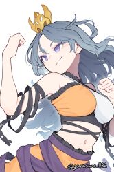 Rule 34 | 1girl, arm up, bare shoulders, black ribbon, breasts, chirizuka ubame, clenched hands, commentary, cowboy shot, garasuno, grin, headpiece, highres, long hair, looking to the side, medium breasts, navel, orange shirt, purple eyes, purple ribbon, ribbon, shirt, simple background, sleeveless, sleeveless shirt, smile, solo, touhou, twitter username, white background, white shirt