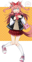 1girl agnes_digital_(umamusume) alternate_costume animal_ears blue_eyes bow commentary_request embarrassed gift hair_bow hair_ornament highres horse_ears kneehighs long_hair nel-c open_mouth school_uniform shoes simple_background sneakers socks solo tail tail_wagging umamusume valentine white_socks