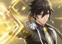 1boy bad_id bad_twitter_id black_hair closed_mouth collared_shirt earrings eyeliner eyeshadow formal_clothes genshin_impact gradient_hair hair_between_eyes jacket jewelry long_hair long_sleeves looking_at_viewer makeup male_focus multicolored_hair orange_hair ponytail red_eyeshadow shirt simple_background single_earring solo sssss2222 suit tassel tassel_earrings yellow_eyes zhongli_(genshin_impact)
