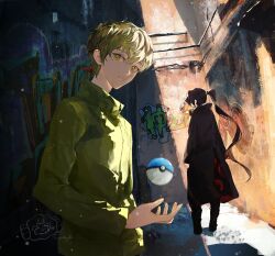 2boys black_robe blonde_hair boots clenched_hand eye_print graffiti green_jacket highres horns ja_wangnan jacket kunyetog long_hair long_sleeves looking_at_viewer looking_back mole mole_under_eye multiple_boys orb original poke_ball ponytail red_horns robe signature tower_of_god twenty-fifth_bam underlighting yellow_eyes