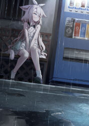 Rule 34 | 1girl, animal ears, bag, bare arms, bare shoulders, black shoes, blue eyes, bow hairband, cat ears, cat girl, cat tail, closed mouth, commentary request, dress, full body, glasses, hairband, highres, long hair, looking to the side, original, outdoors, rain, round eyewear, shoes, shoulder bag, sitting, sleeveless, sleeveless dress, socks, solo, tail, tokuno yuika, vending machine, white dress, white hair, white hairband, white socks