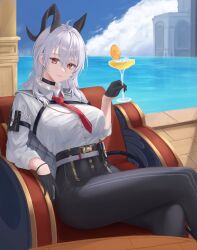 1girl arm_pouch black_choker black_gloves black_horns black_pants black_pouch blue_sky breasts button_gap chest_harness choker closed_mouth collared_shirt commentary crossed_legs cup curled_horns day drinking_glass earrings food fruit gloves hair_between_eyes harness high-waist_pants highres holding holding_cup horns jewelry key_earrings large_breasts looking_at_viewer necktie orange_(fruit) orange_slice outdoors pants red_eyes red_necktie shirt shu-ri sitting sky smile solo tight_clothes tight_pants white_shirt wuthering_waves zani_(wuthering_waves)
