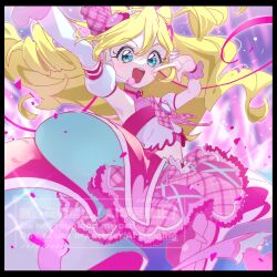1girl :d arm_up artist_name asymmetrical_sleeves blonde_hair blue_eyes blurry blurry_background boots commentary copyright_notice cropped_shirt cure_idol dot_nose english_text engrish_text floating_hair hair_ornament hand_up heart heart_hair_ornament highres idol idol_clothes index_finger_raised jumping kimi_to_idol_precure long_hair long_sleeves magical_girl midriff miniskirt open_mouth pink_boots pink_shirt pink_skirt pink_wrist_cuffs plaid_clothes plaid_skirt precure puffy_short_sleeves puffy_sleeves ranguage sakura_uta_(precure) shipu_(gassyumaron) shirt short_sleeves skirt sleeveless sleeveless_shirt smile solo teeth upper_teeth_only watermark white_sleeves wrist_cuffs