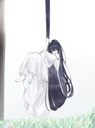 1boy aegyo_sal barefoot black_eyes black_hair blue_eyes chinese_clothes climbing_hair field flower full_body grass hair_between_eyes hanfu heterochromia high_ponytail highres hong_lu_(project_moon) knees_up limbus_company long_hair male_focus partially_colored pipi_tt ponytail project_moon solo very_long_hair white_background white_hanfu