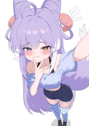 1girl :3 absurdres ahoge arm_up bare_shoulders black_shorts blue_eyes blue_shirt blue_thighhighs blush bra_strap bright_pupils closed_mouth cone_hair_bun crop_top cross-laced_shoes fox_tail hair_bun hair_ornament hair_rings hand_up heterochromia highres long_hair looking_at_viewer midriff multicolored_hair nail_polish off-shoulder_shirt off_shoulder oldsickkim outstretched_arm pom_pom_(clothes) pom_pom_hair_ornament purple_hair selfie shirt shoes short_shorts short_sleeves shorts simple_background smile smug solo sparkle stellive streaked_hair striped_clothes striped_thighhighs tail tenko_shibuki thighhighs v v_over_mouth very_long_hair virtual_youtuber white_background yellow_eyes