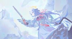 1girl aircctzillie ballistic_shield blue_archive blue_hair braid closed_mouth dress feathered_wings from_below gloves green_eyes gun hat highres holding holding_gun holding_shield holding_weapon lever_action long_hair mine_(blue_archive) nurse_cap pointy_ears shield sidelocks solo twin_braids weapon white_dress white_gloves white_hat wings
