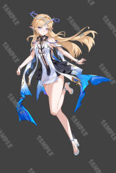 1girl absurdres bare_legs bare_shoulders black_collar black_dress blonde_hair blue_eyes breasts cartethyia_(wuthering_waves) chinese_commentary closed_mouth collar commentary_request crown_of_thorns doufu_si_yi dress earrings full_body grey_background hair_intakes highres jewelry legs long_hair looking_at_viewer medium_breasts necklace pointy_ears sample_watermark sandals simple_background smile solo tabard tacet_mark_(wuthering_waves) thighs very_long_hair watermark white_sandals white_tabard wuthering_waves