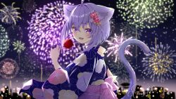 Rule 34 | 1girl, :3, :d, aerial fireworks, ahoge, alternate costume, animal ear fluff, animal ears, blue kimono, blurry, blurry background, candy apple, cat ears, cat girl, cat tail, commentary request, crossed bangs, double-parted bangs, fang, fireworks, floral print, floral print kimono, flower, food, hair between eyes, hair flower, hair ornament, highres, holding, holding candy apple, holding food, hololive, japanese clothes, kanzashi, kimono, long sleeves, looking at viewer, looking back, nekomata okayu, night, night sky, obi, open mouth, outdoors, pink sash, print kimono, purple eyes, purple hair, sash, short hair, skin fang, sky, smile, solo, tail, torakichi 888, upper body, virtual youtuber, wide sleeves, yukata