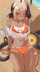 Rule 34 | 1girl, bandaid, bandaid on leg, beach, bikini, black hair, blonde hair, blush, closed mouth, collarbone, gigi murin, highres, hololive, hololive english, midriff, multicolored hair, navel, orange bikini, pink eyes, shadow, shirt, smile, swimsuit, tail, tan, tanline, tied shirt, two-tone hair, virtual youtuber, wet, white shirt, yobi (ybpac18), zzz