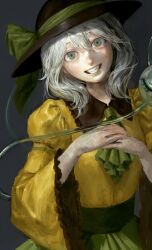 1girl green_eyes grey_hair hands_on_own_chest hat hatena_(nazequestion) highres komeiji_koishi looking_at_viewer medium_hair own_hands_together skirt smile solo teeth third_eye touhou upper_body wide-eyed