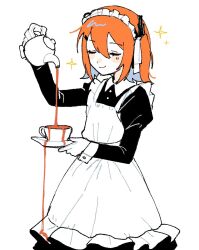 1girl a.i._voice adachi_rei alternate_costume apron avocado_hamburg black_dress buttoned_cuffs buttons closed_eyes closed_mouth cup dress enmaided feet_out_of_frame frilled_apron frills gloves hair_ribbon hand_up hashtag-only_commentary holding holding_cup holding_teapot long_sleeves maid maid_apron maid_headdress medium_hair orange_hair overflowing pouring ribbon simple_background sleeve_cuffs smile solo sparkle standing tea teacup teapot utau white_apron white_background white_gloves white_ribbon