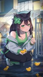 Rule 34 | 1girl, artist name, baby animal, bird, black hair, black pants, breasts, car, closed mouth, collarbone, crop top, duck, duckling, green eyes, green nails, green tank top, hair ornament, highres, indie virtual youtuber, jacket, kitsunya (vtuber), konyanart, long hair, motor vehicle, open clothes, open jacket, pants, rain, second-party source, shoes, small breasts, smile, solo, squatting, symbol-shaped pupils, tank top, transparent, transparent umbrella, umbrella, virtual youtuber, white jacket, white shoes