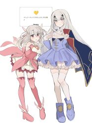 1234eabc 2girls absurdres blue_dress boots dress fate/grand_order fate_(series) flower grey_hair highres illyasviel_von_einzbern long_hair melusine_(fate) melusine_(second_ascension)_(fate) multiple_girls pink_dress pointing pointing_at_viewer prisma_illya request_inset rose smile thigh_boots thighhighs two_side_up white_flower white_rose white_thighhighs