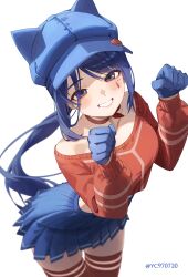 1girl absurdres animal_ear_headwear artist_name black_eyes blue_gloves blue_hair blue_hat blue_skirt blush breasts choker commentary_request cool_mita_(miside) cropped_shirt fake_animal_ears gloves hands_up hat highres long_hair long_sleeves looking_at_viewer low_ponytail mark_under_eye medium_breasts midriff_peek miside mita_(miside) newsboy_cap paw_pose pleated_skirt ponytail red_choker red_shirt red_thighhighs revision shirt simple_background skirt smile solo syc2159 tattoo teardrop_facial_mark teardrop_tattoo thighhighs thighs white_background zettai_ryouiki