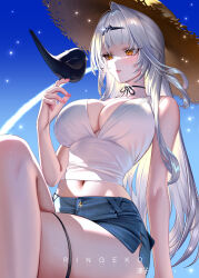 1girl absurdres alternate_costume artist_name bird bird_on_hand blue_sky breasts cleavage commentary crossed_legs hat highres large_breasts long_hair midriff navel ringeko-chan sitting sky solo straw_hat tank_top thigh_strap thighs very_long_hair white_hair white_tank_top yellow_eyes yi_xuan_(zenless_zone_zero) zenless_zone_zero