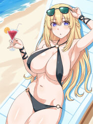 1girl areola_slip arm_up armpits beach bikini black_bikini blonde_hair blue_eyes blush breasts cleavage covered_erect_nipples drink highres large_breasts legs long_hair looking_at_viewer navel neptune_(series) ocean open_mouth parted_lips sideboob solo sunglasses_on_head swimsuit thick_thighs thighs tongue underboob vert_(neptunia) very_long_hair water