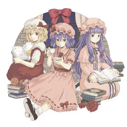 3girls blonde_hair book closed_mouth commentary cup dress flandre_scarlet hat highres holding holding_cup long_hair mob_cap multiple_girls open_book parted_lips patchouli_knowledge pink_dress pink_hat pink_shirt pink_skirt purple_eyes reading red_eyes red_skirt red_vest remilia_scarlet renzaoshen shirt short_hair sitting skirt smile touhou vest white_hat white_shirt