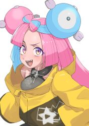 1girl blue_hair bow-shaped_hair breasts character_hair_ornament creatures_(company) fake_hair_bun game_freak gen_1_pokemon hair_ornament hexagon_print highres iono_(pokemon) jacket long_hair low-tied_long_hair magnemite medium_breasts multicolored_hair nintendo open_mouth oversized_clothes pink_hair pokemon pokemon_sv sharp_teeth sleeveless sleeves_past_fingers sleeves_past_wrists smile solo split-color_hair takane_(lovehatsune) teeth very_long_sleeves x yellow_jacket