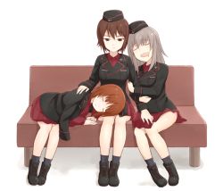 Rule 34 | 10s, 3girls, blush, brown hair, girls und panzer, hand grab, hat, itsumi erika, kuromorimine military uniform, lap pillow, lying on lap, multiple girls, nishizumi maho, nishizumi miho, open mouth, school uniform, skirt, sleeping, viscount shishamo, white hair