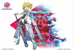 1girl 30_minutes_sisters armor armored_boots blonde_hair boots bunbun green_eyes official_art promotional_art shield shield_on_back sword weapon yufia
