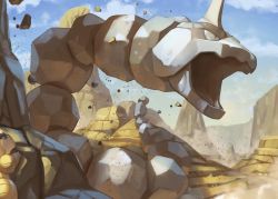 aqua_eyes canyon cloud commentary_request creatures_(company) day game_freak gen_1_pokemon looking_at_another looking_to_the_side nintendo no_humans onix open_mouth outdoors peeking_out pokemon pokemon_(creature) rock sandshrew sky spareribs