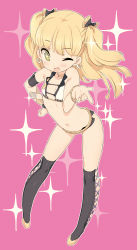 10s 1girl bikini bikini_top_only black_thighhighs blade_(galaxist) blonde_hair blush bracelet child cross-laced_clothes cross-laced_legwear earrings eyelashes female_focus full_body green_eyes idolmaster idolmaster_cinderella_girls jewelry jougasaki_rika loli long_hair navel one_eye_closed open_mouth outline bad_tag short_shorts shorts smile solo star-shaped_pupils star_(symbol) swimsuit symbol-shaped_pupils thighhighs twintails two_side_up